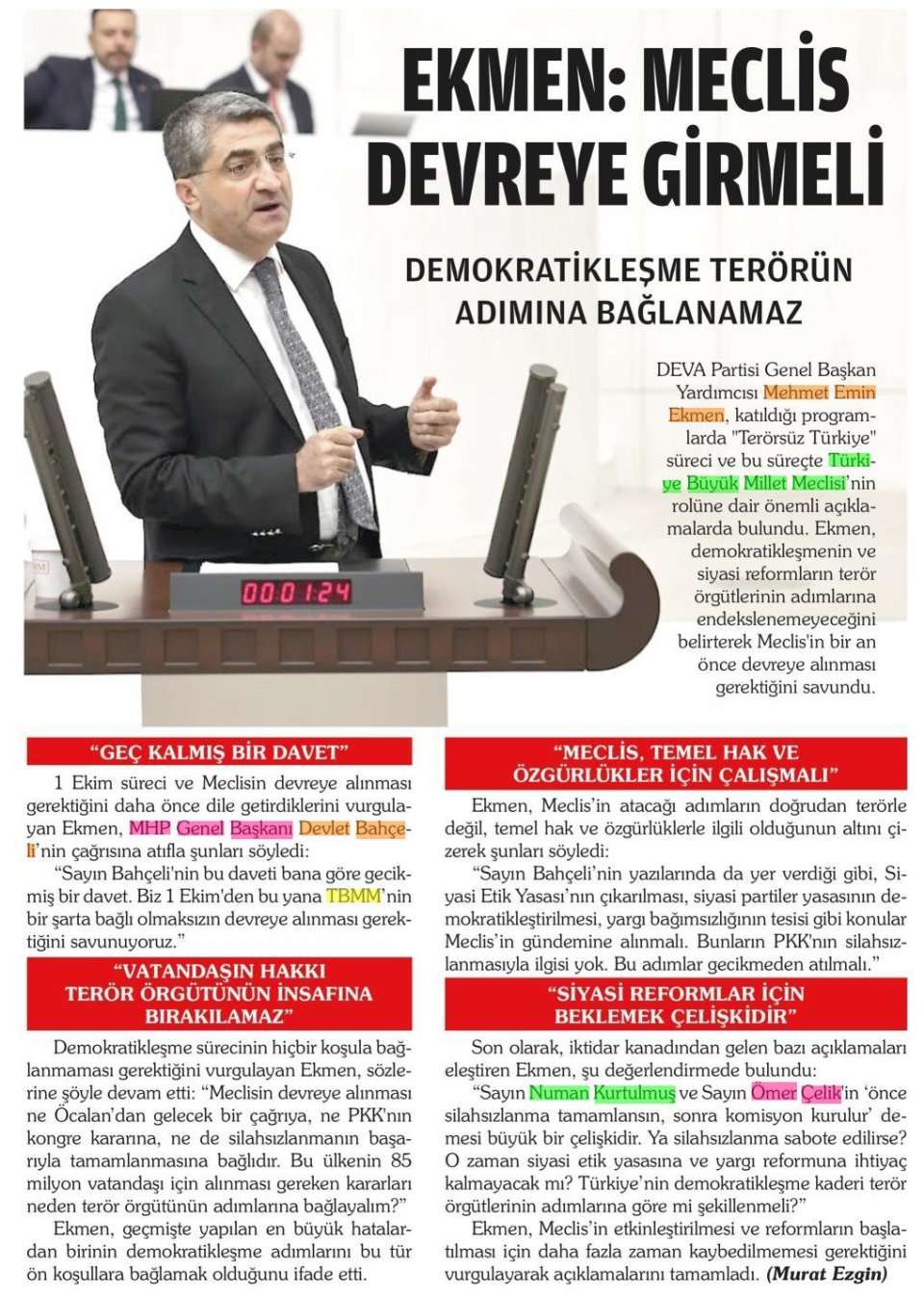 EKMEN : MECLİS DEVREYE GİRMELİ