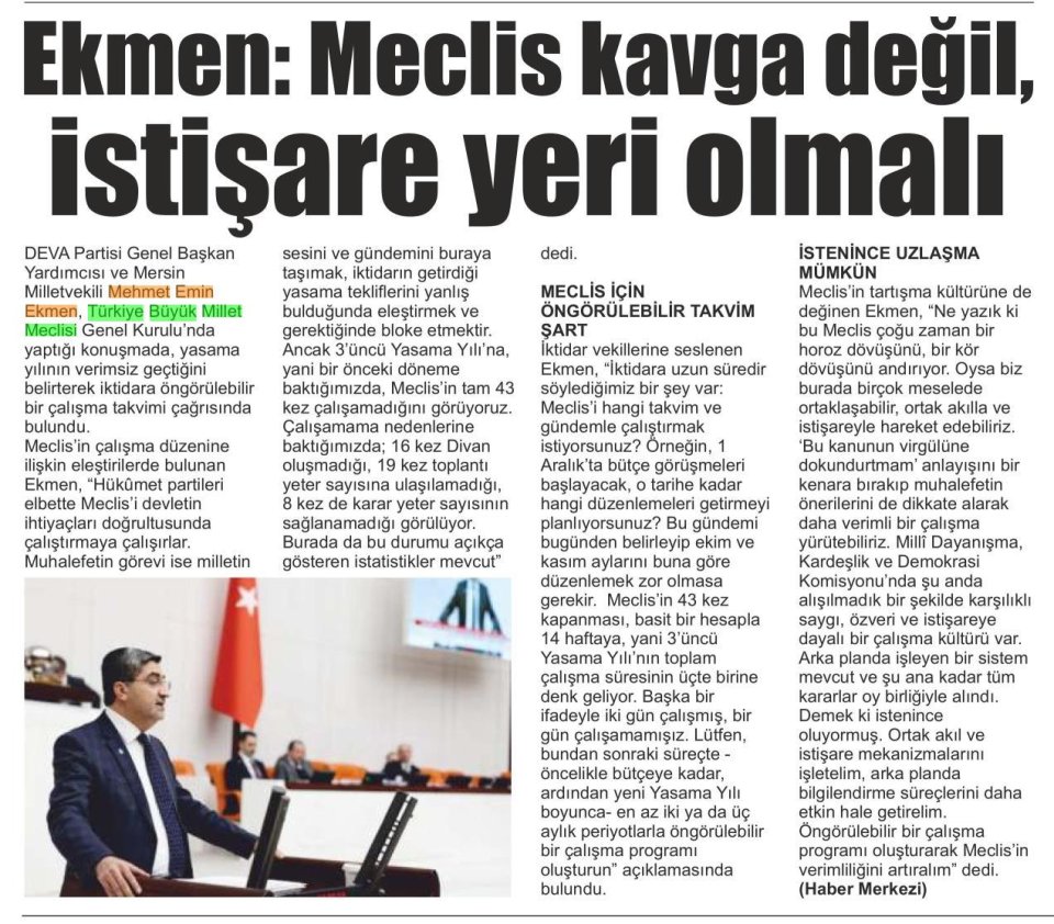 EKMEN: MECLİS KAVGA DEĞİL, İSTİŞARE YERİ OLMALI