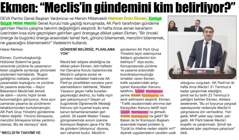 EKMEN: ''MECLİS'İN GÜNDEMİNİ KİM BELİRLİYOR?''