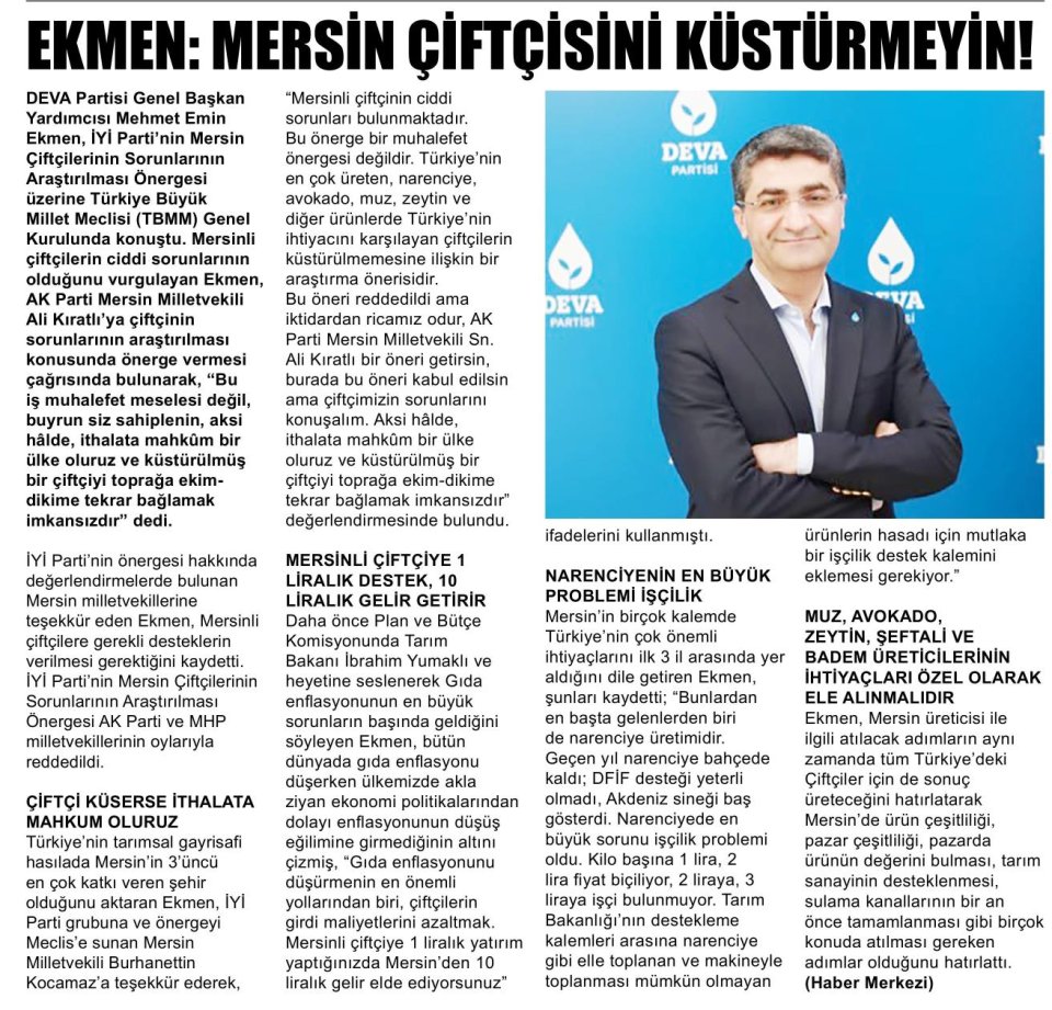 EKMEN: MERSİN ÇİFTÇİSİNİ KÜSTÜRMEYİN!