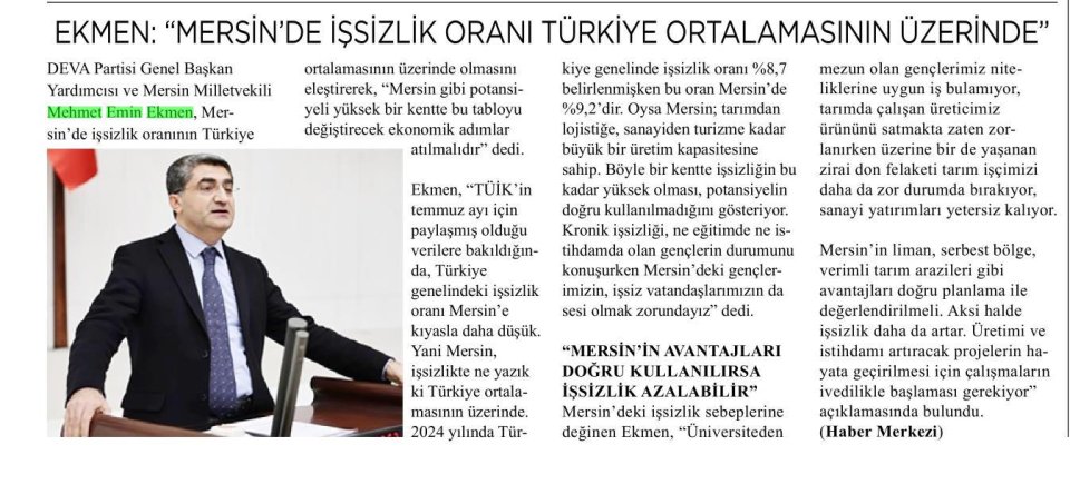 EKMEN: MERSİN DE İŞSİZLİK ORANI TÜRKİYE ORTALAMASININ ÜZERİNDE