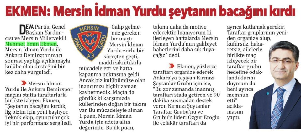 EKMEN: MERSİN İDMAN YURDU ŞEYTANIN BAŞAĞINI KIRDI