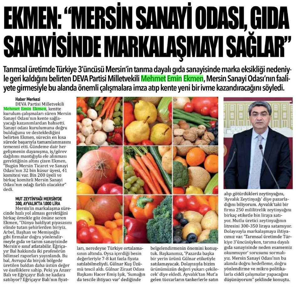 EKMEN: MERSİN SANAYİ ODASI GIDA SANAYİSİNDE MARKALAŞMAYI SAĞLAR