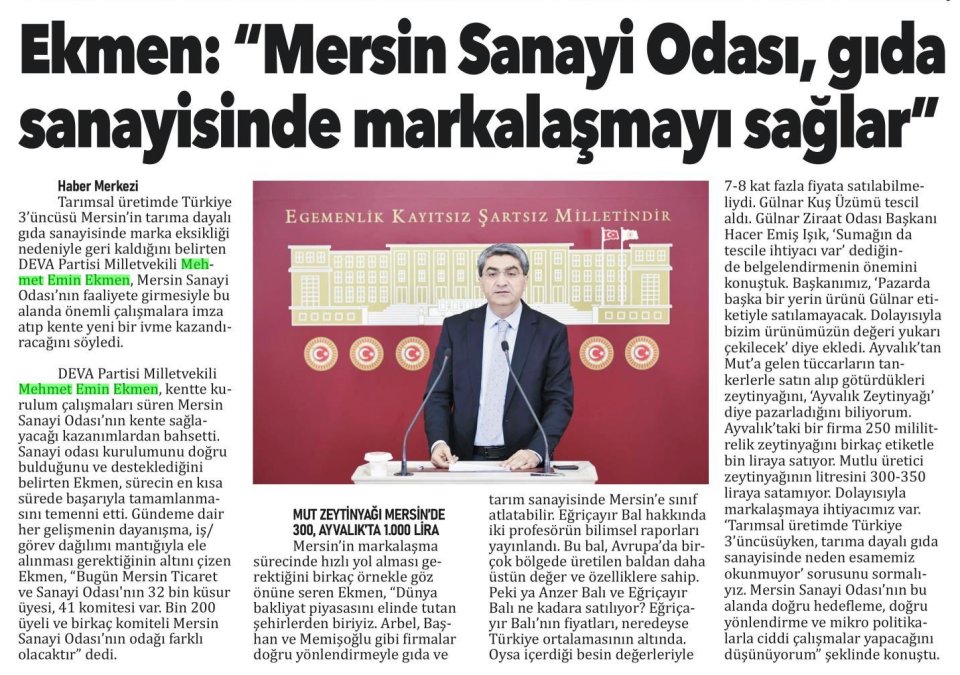 EKMEN: MERSİN SANAYİ ODASI GIDA SANAYİSİNDE MARKALAŞMAYI SAĞLAR
