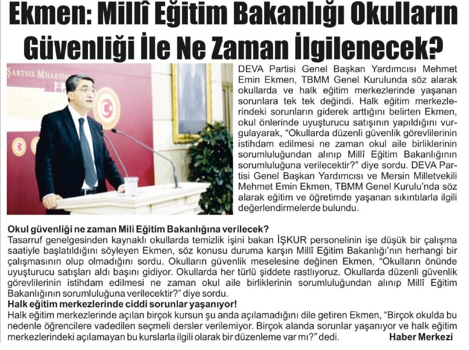 EKMEN: MİLLİ EĞİTİM BAKANLIĞI OKULLARININ GÜVENLİĞİ İLE NE ZAMAN İLGİLENECEK?