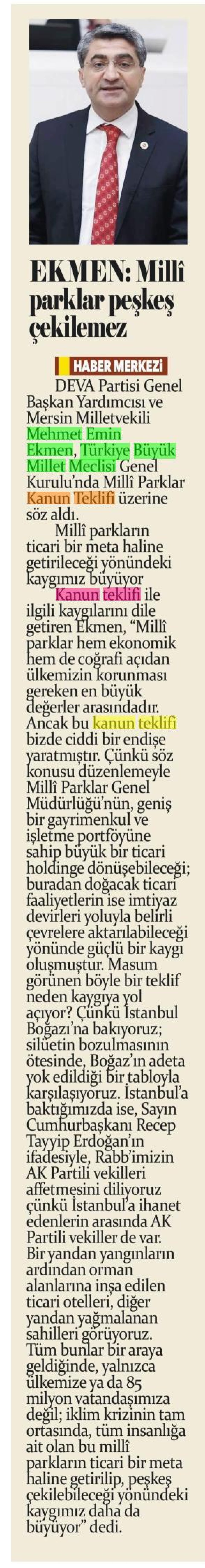 EKMEN: MİLLİ PARKLAR PEŞKEŞ ÇEKİLEMEZ