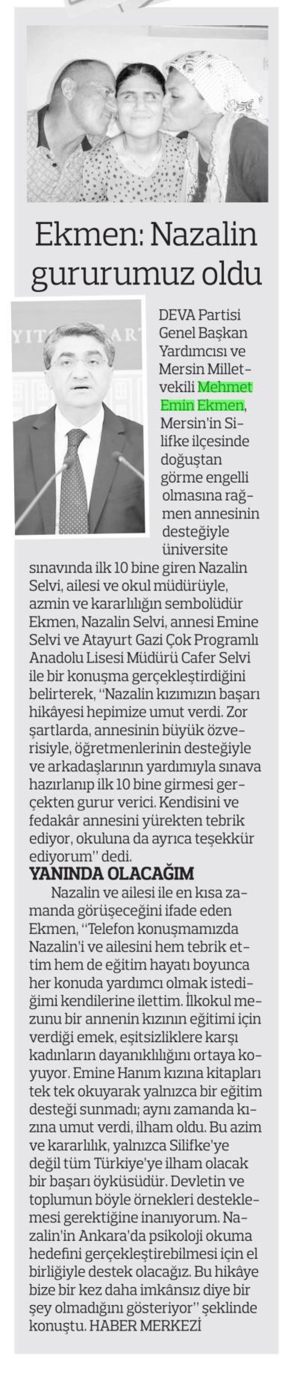  EKMEN: NAZALİN GURURUMUZ OLDU