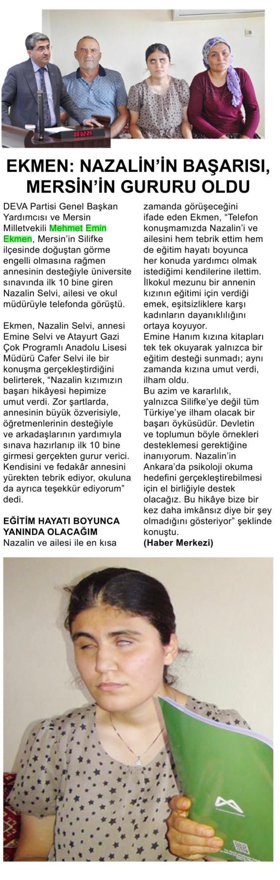  EKMEN: NAZALİN İN BAŞARISI MERSİN'İN GURURU OLDU