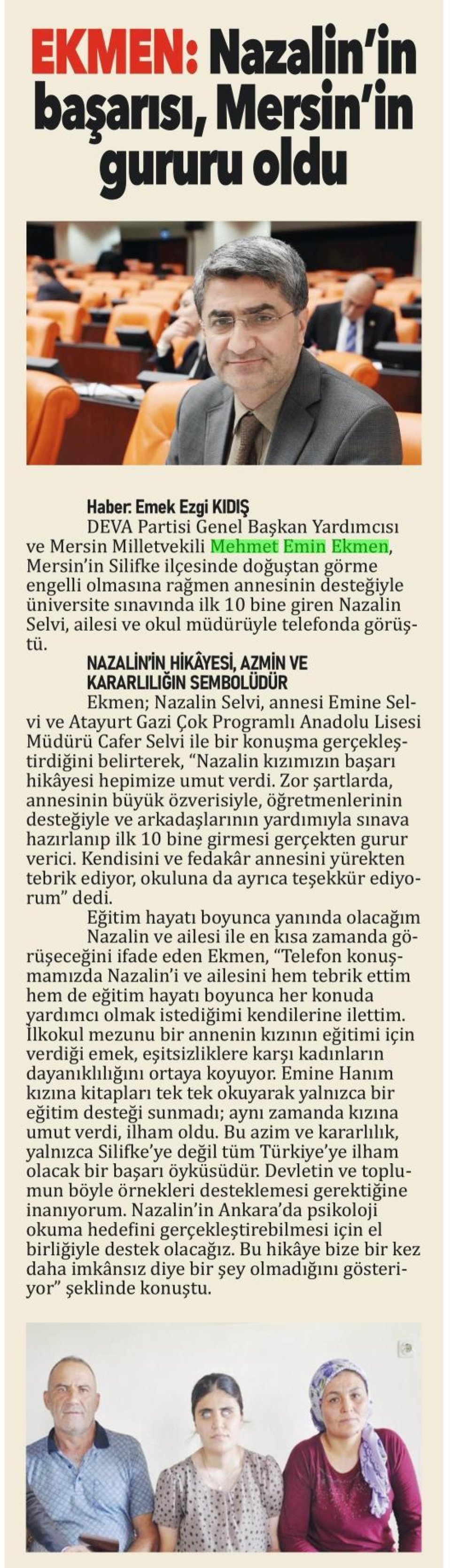 EKMEN: NAZALİN'İN BAŞARISI, MERSİN'İN GURURU OLDU
