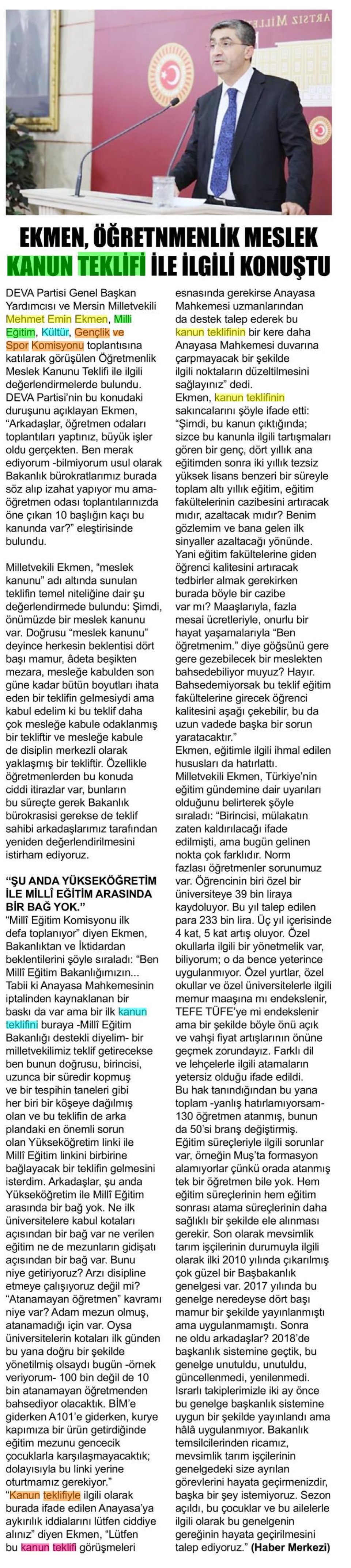 EKMEN, ÖĞRETMENLİK MESLEK KANUN TEKLİFİ İLE İLGİLİ KONUŞTU