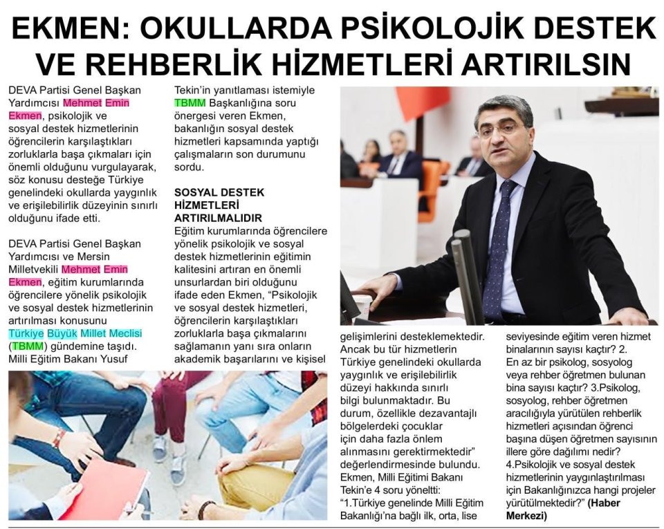 EKMEN: OKULLARDA PSİKOLOJİK DESTEK VE REHBERLİK HİZMETLERİ ARTIRILSIN
