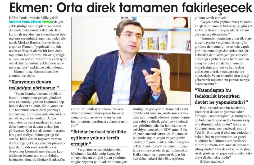 EKMEN: ORTA DİREK TAMAMEN FAKİRLEŞECEK