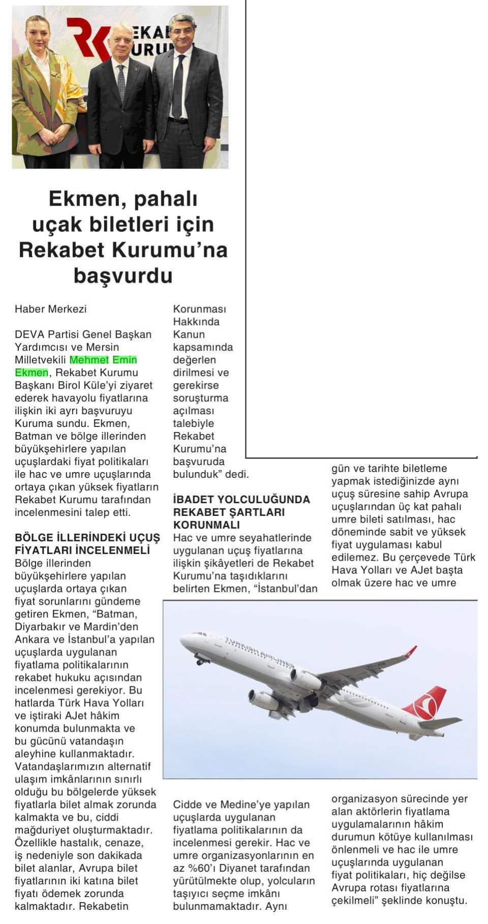EKMEN, PAHALI UÇAK BİLETLERİ İÇİN REKABET KURUMU'NA BAŞVURDU