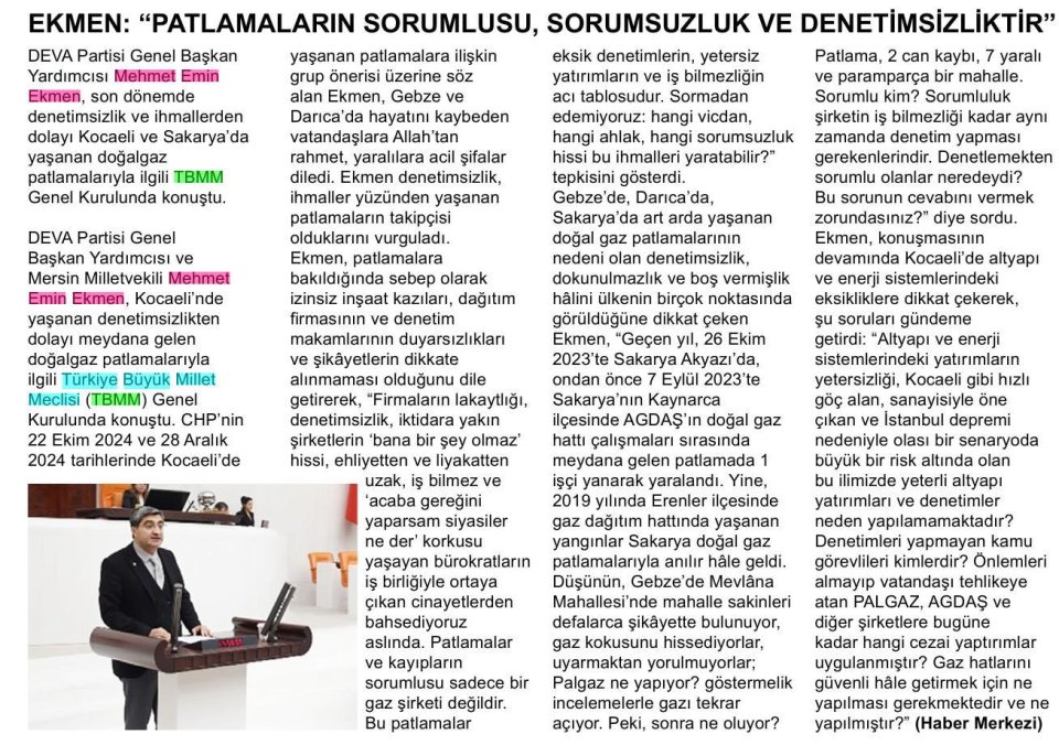 EKMEN: PATLAMALARIN SORUMLUSU SORUMSUZLUK VE DENETİMSİZLİKTİR