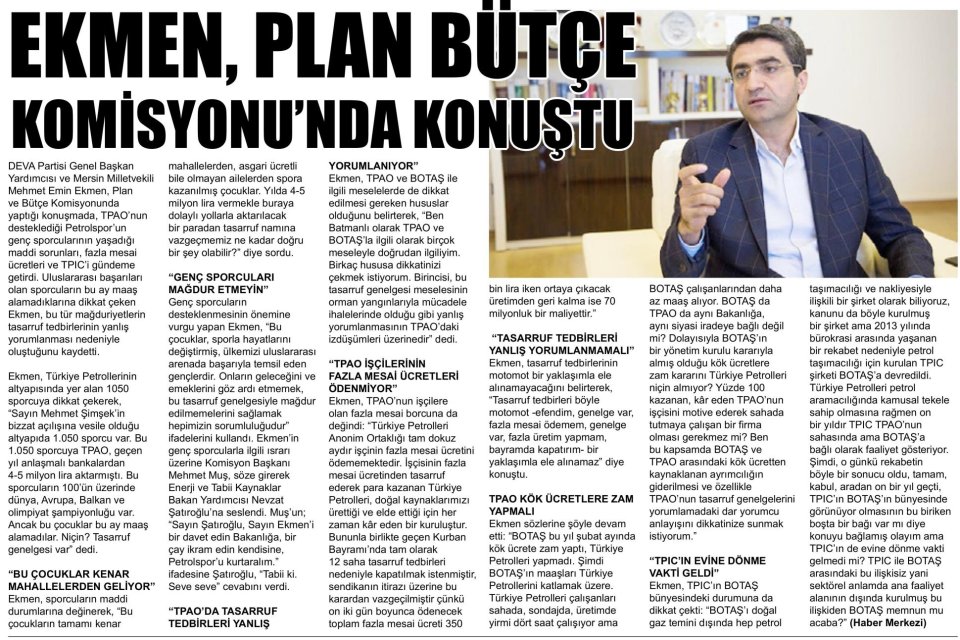 EKMEN, PLAN BÜTÇE KOMİSYONU'NDA KONUŞTU