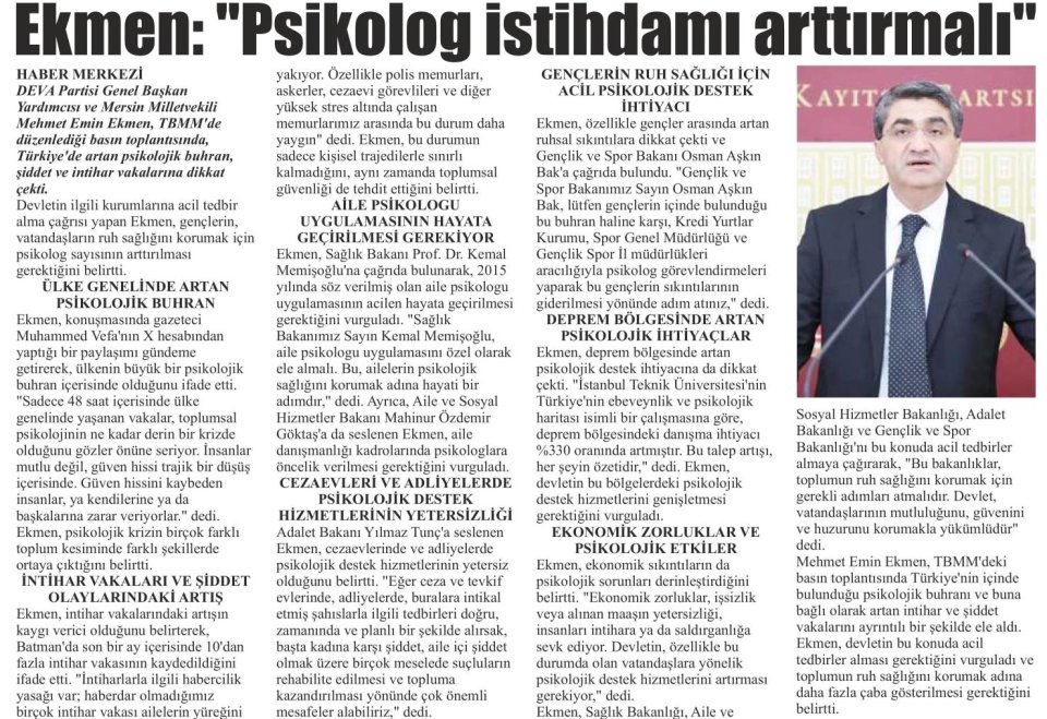 EKMEN: PSİKOLOG İSTİHDAMI ARTTIRMALI