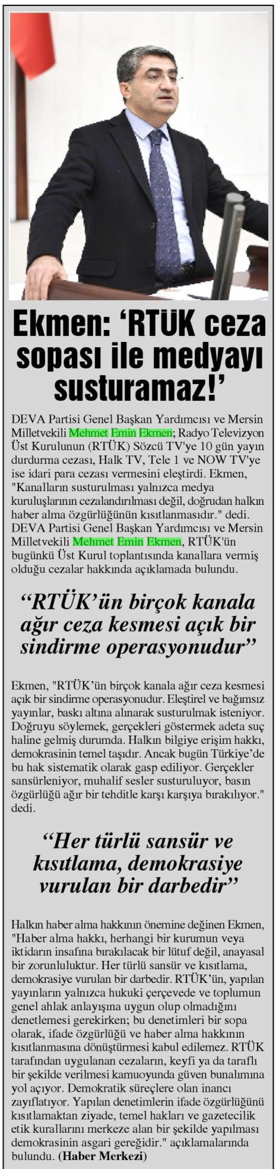 EKMEN: RTÜK CEZA SOPASI İLE MEDYA'YI SUSTURAMAZ