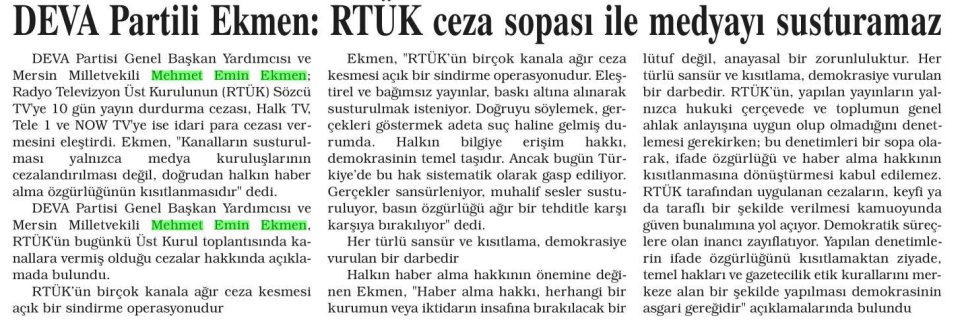 EKMEN: RTÜK CEZA SOPASI İLE MEDYA'YI SUSTURAMAZ