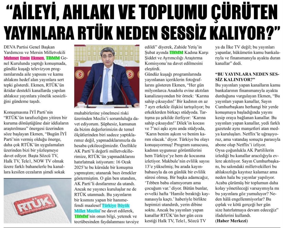 EKMEN, RTÜK'E TEPKİLİ