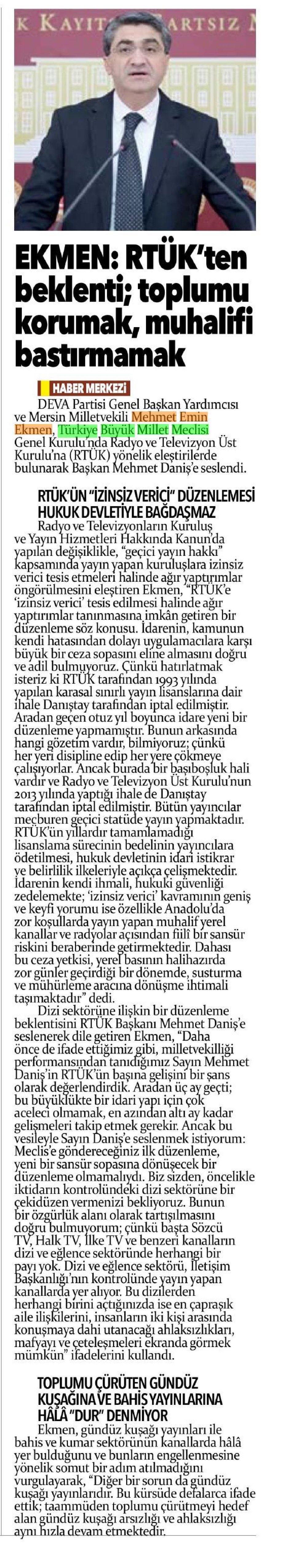  EKMEN:RTÜK'TEN BEKLENTİ;TOPLUMU KORUMAK,MUHALİFİ BASTIRMAMAK