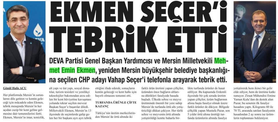 EKMEN SECER'İ TEBRİK ETTİ