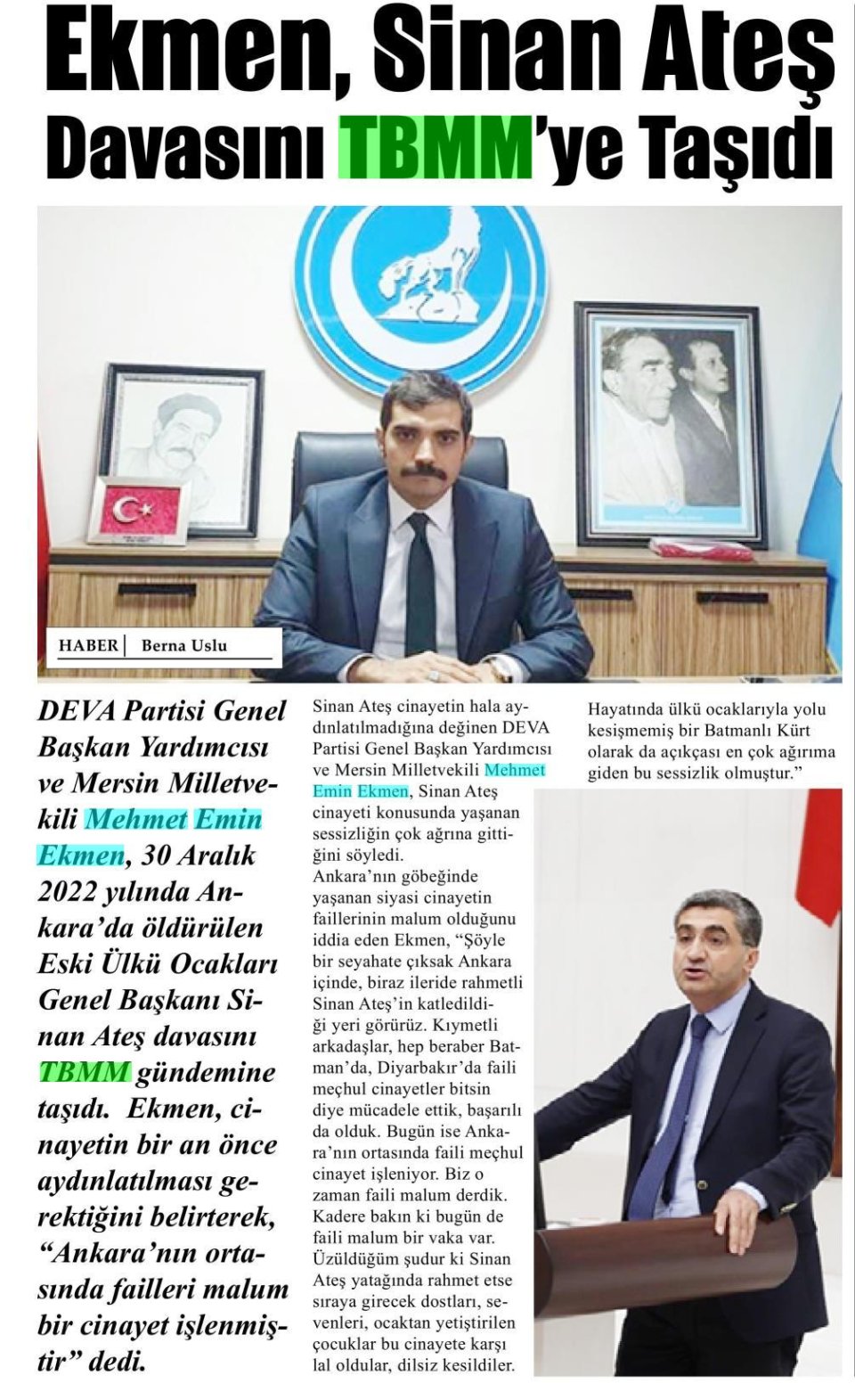 EKMEN, SİNAN ATEŞ DAVASINI TBMM'YE TAŞIDI