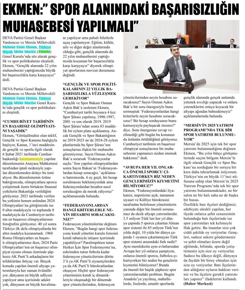 EKMEN: ''SPOR ALANINDAKİ BAŞARISIZLIĞIN MUHASEBESİ YAPILMALI''