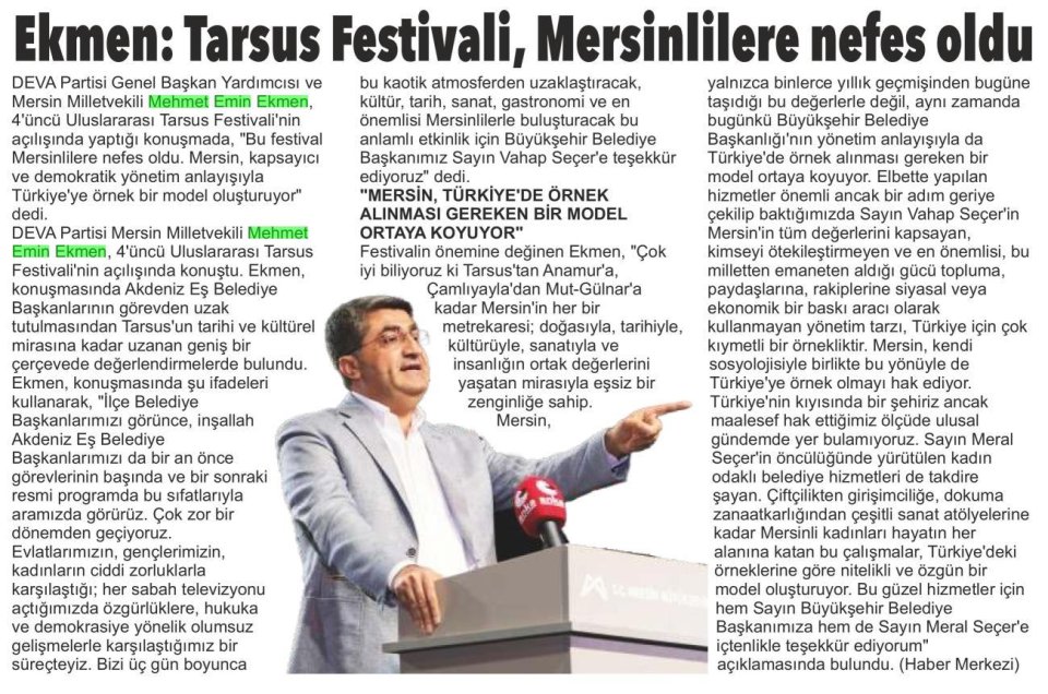 EKMEN: TARSUS FESTİVALİ, MERSİNLİLERE NEFES OLDU
