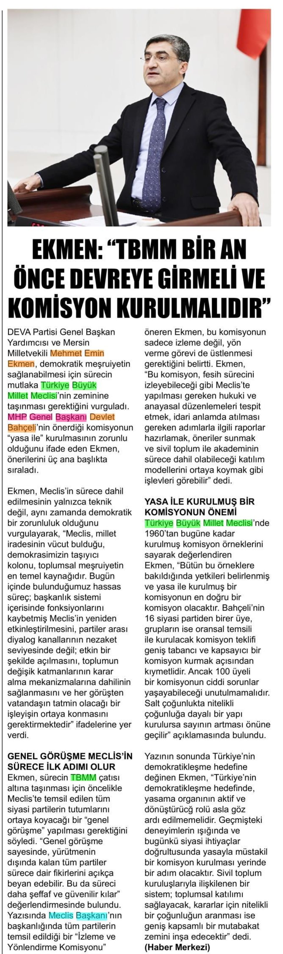EKMEN : ''TBMM BİR AN ÖNCE DEVREYE GİRMELİ VE KOMİSYON KURULMALIDIR'