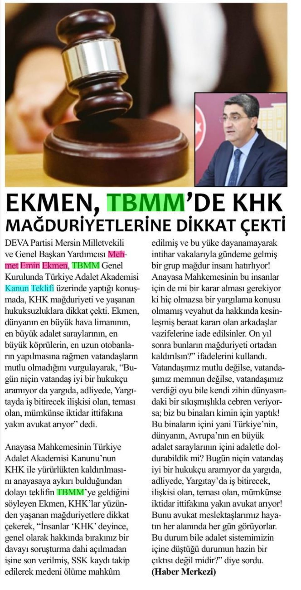 EKMEN, TBMM'DE KHK MAĞDURİYETLERİNE DİKKAT ÇEKTİ