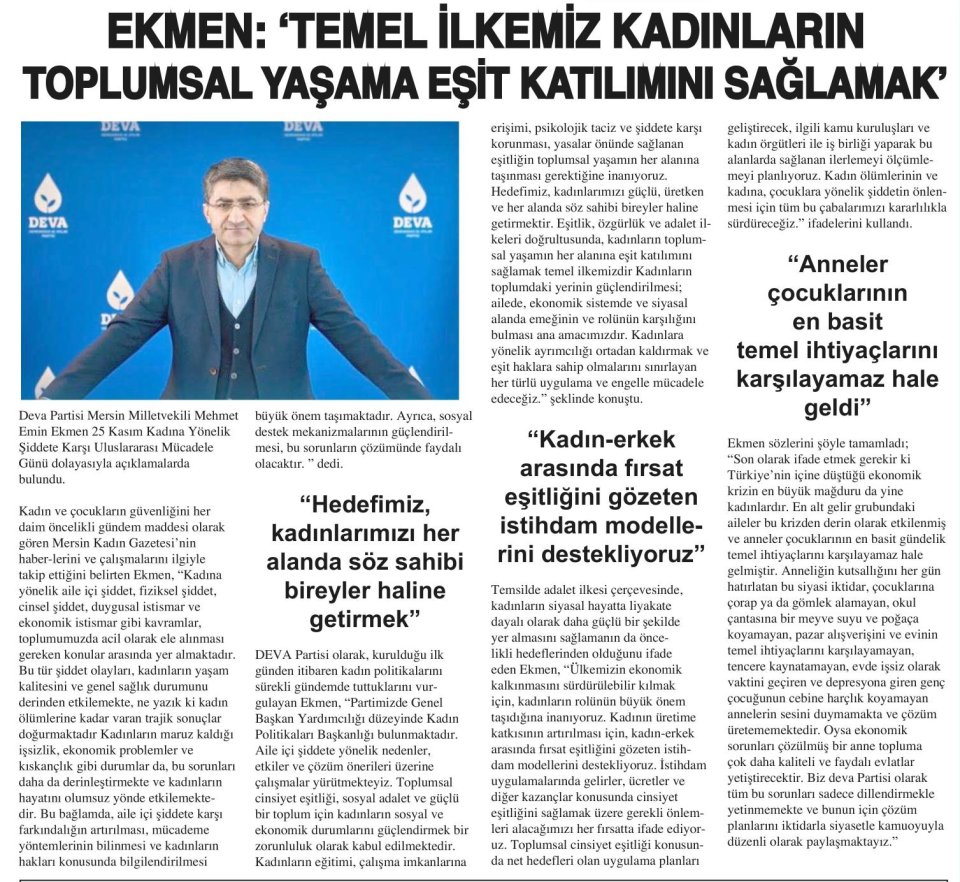 EKMEN: TEMEL İLKEMİZ KADINLARIN TOPLUMSAL YAŞAMA EŞİT KATILIMINI SAĞLAMAK