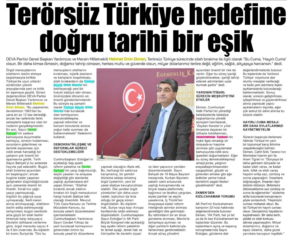 EKMEN : TERÖRSÜZ TÜRKİYE HEDEFİNE DOĞRU TARİHİ BİR EŞİK