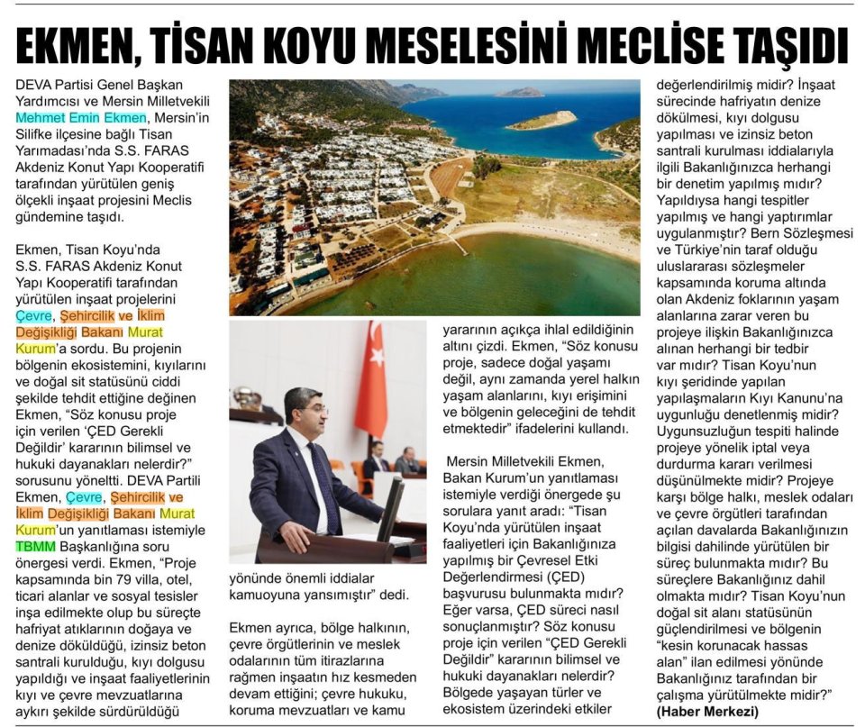 EKMEN, TİSAN KOYU MESELESİNİ MECLİSE TAŞIDI