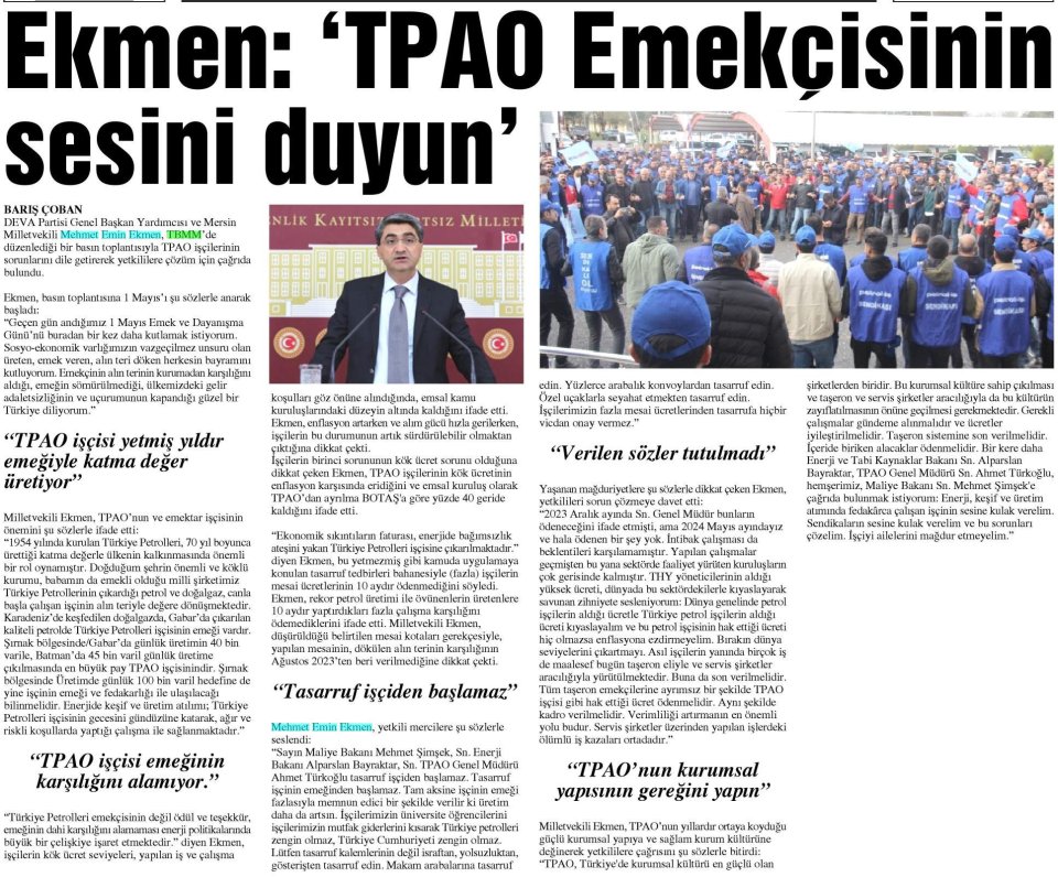 EKMEN: 'TPAO EMEKÇİSİNİN SESİNİ DUYUN'