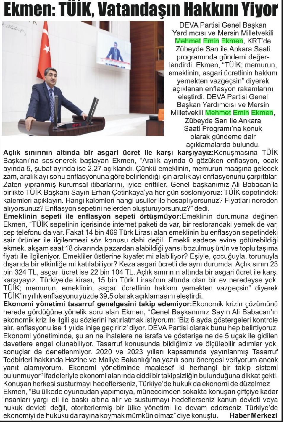 EKMEN: TÜİK VATANDAŞIN HAKKINI YİYOR