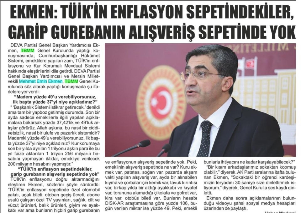 EKMEN: TÜİK'İN ENFLASYON SEPETİNDEKİLER, GARİP GURERANIN ALIŞVERİŞ SEPETİNDE YOK