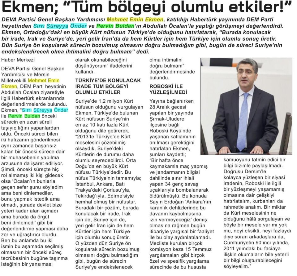  EKMEN: TÜM BÖLGEYİ OLUMLU ETKİLER