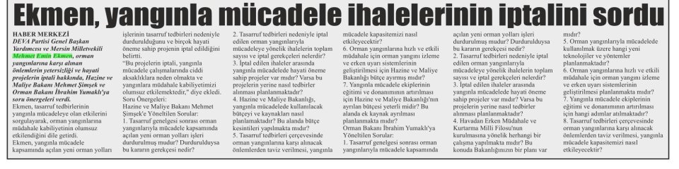 EKMEN, YANGINLA MÜCADELE İHALELERİNİN İPTALİNİ SORDU