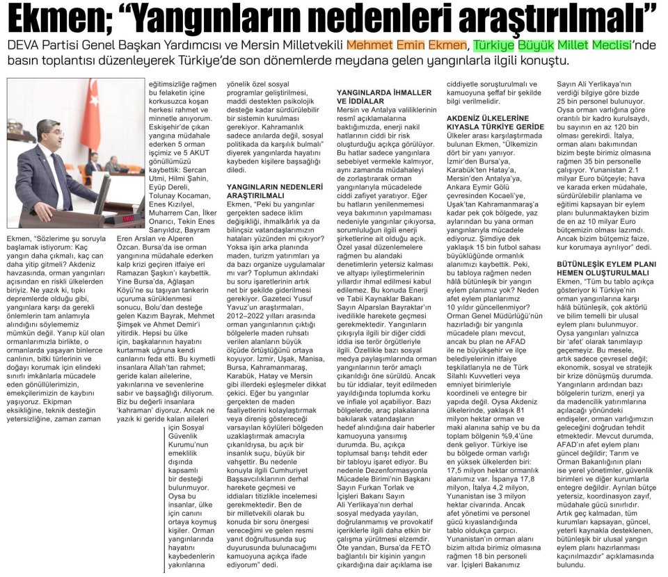 EKMEN: YANGINLARIN NEDENLERİ ARAŞTIRILMALI