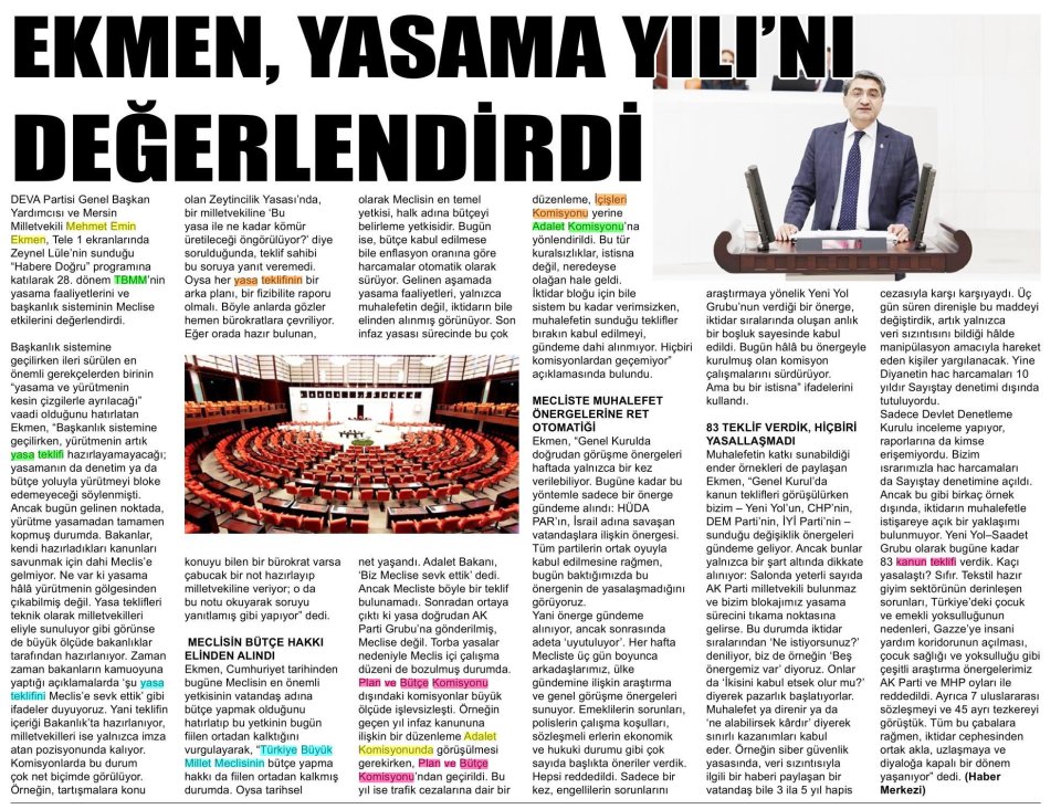 EKMEN, YASAMA YILI'NI DEĞERLENDİRDİ