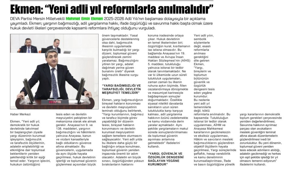 EKMEN: YENİ ADLİ YIL REFORMLARLA ANILMALIDIR