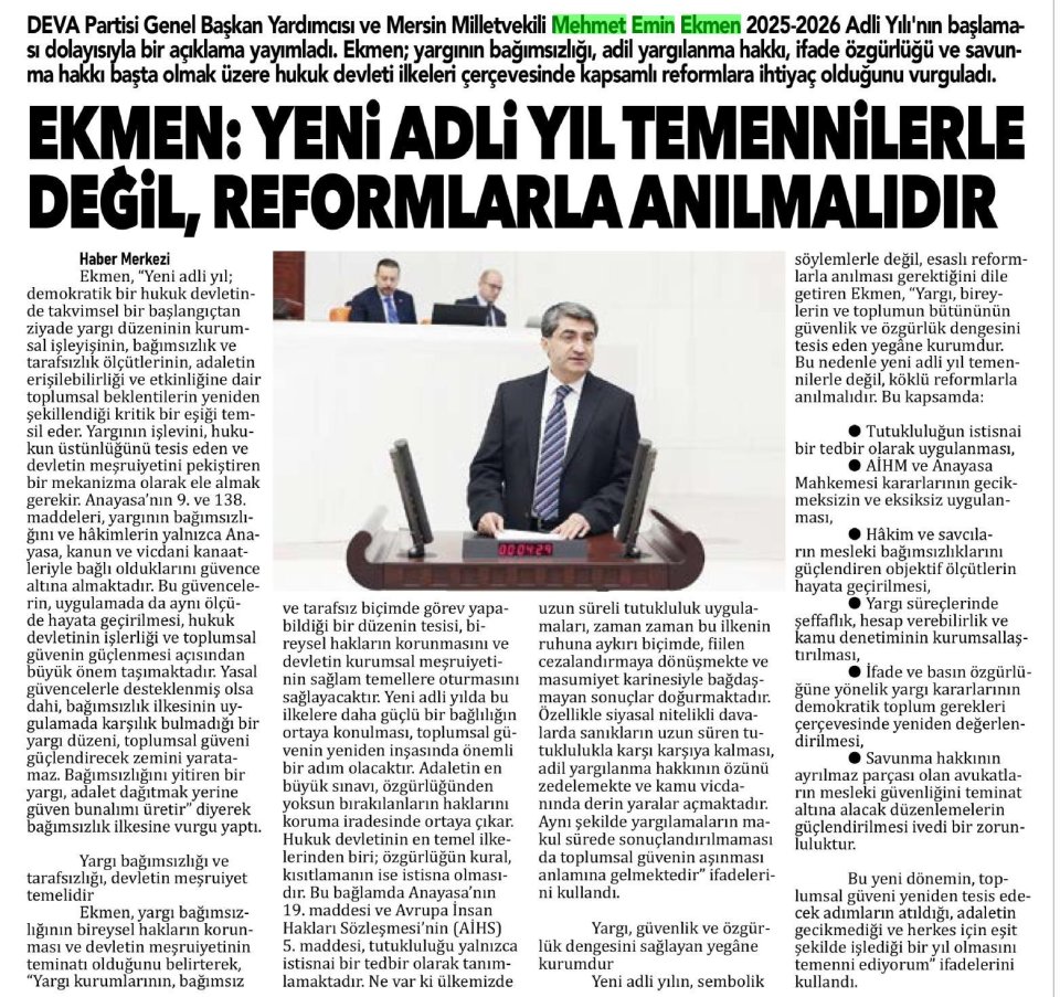 EKMEN: YENİ ADLİ YIL TEMENNİLERLE DEĞİL REFORMLARLA ANILMALIDIR