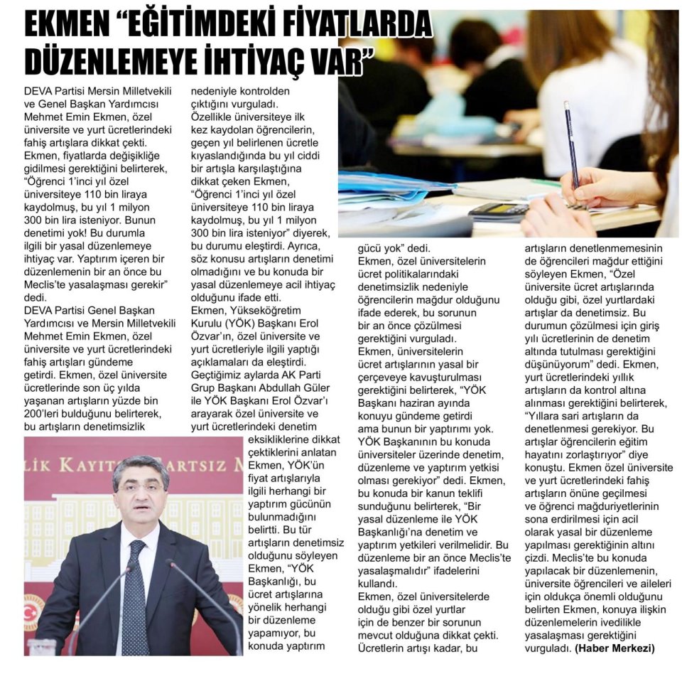 EKMEN, YURT ÜCRETLERİNİ GÜNDEME TAŞIDI