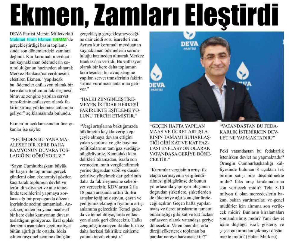 EKMEN, ZAMLARI ELEŞTİRDİ