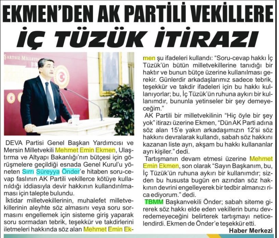 EKMENDEN AK PARTİLİ VEKİLLERE İÇ TÜZÜK İTİRAZI