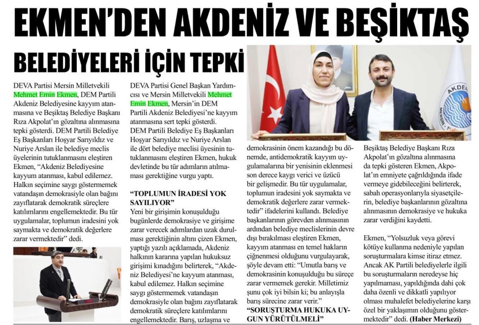 EKMENDEN AKDENİZ VE BEŞİKTAŞ BELEDİYELERİ İÇİN TEPKİ