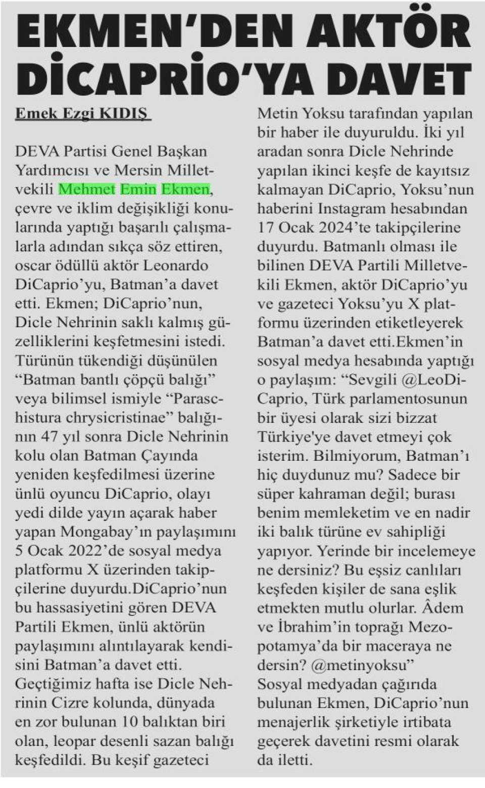 EKMENDEN AKTÖR DİCAPRİO'YA DAVET
