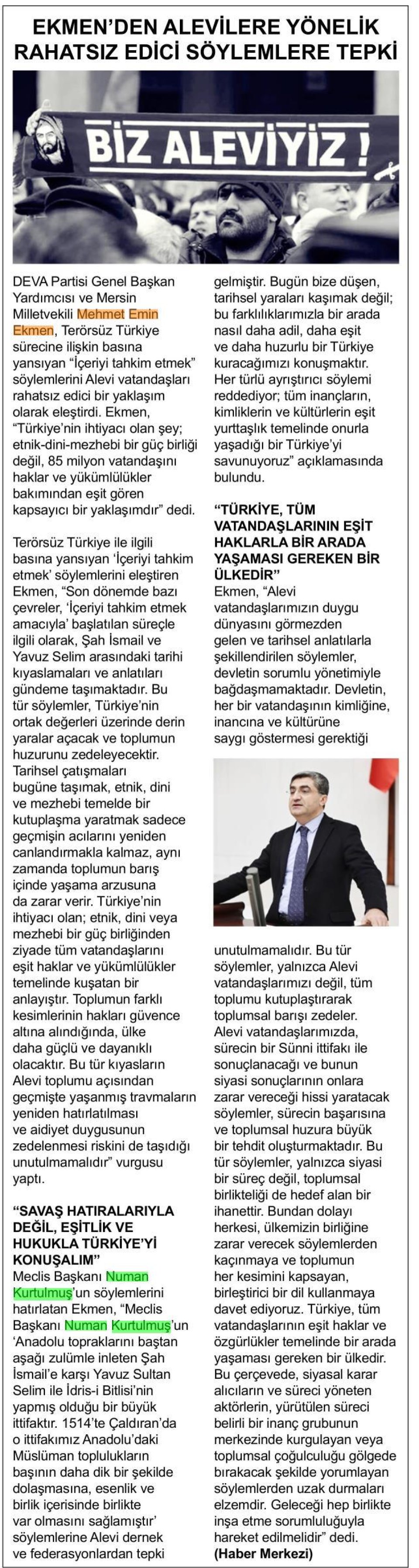 EKMEN'DEN ALEVİLERE YÖNELİK RAHATSIZ EDİCİ SÖYLEMLERE TEPKİ
