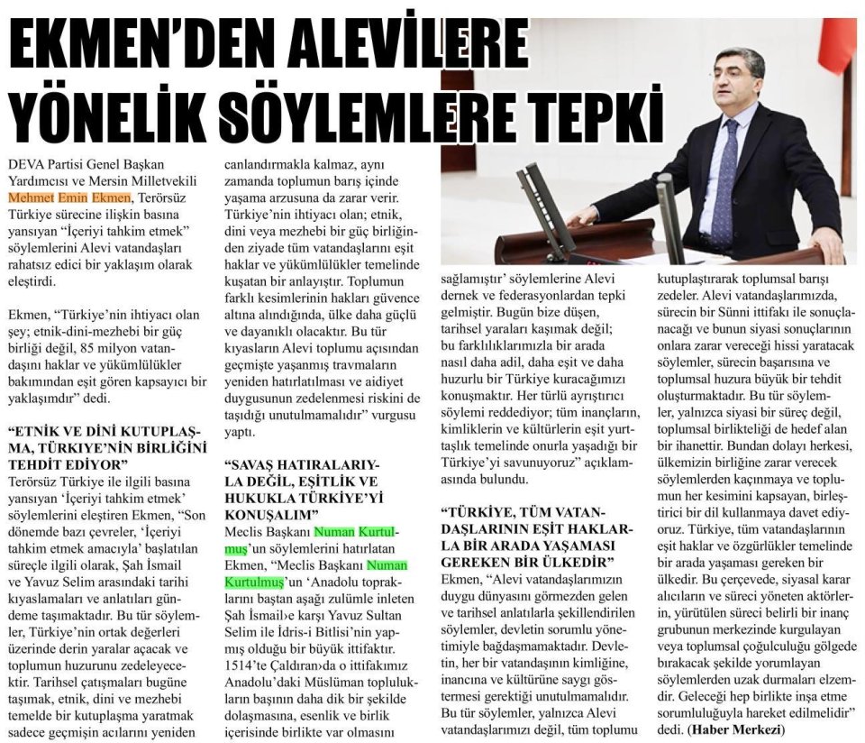 EKMEN'DEN ALEVİLERE YÖNELİK SÖYLEMLERE TEPKİ