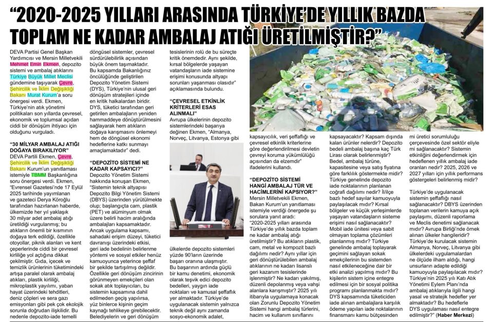 EKMEN'DEN AMBALAJ ATIKLARI HAKKINDA ÜRETİMİ HAKKINDA SORU ÖNERGESİ